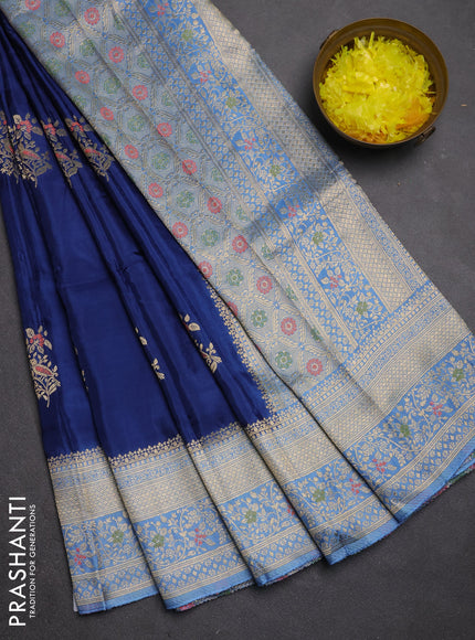 Semi mysore silk saree peacock blue and pastel blue with zari woven buttas and zari woven border