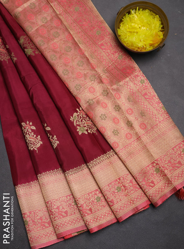 Semi mysore silk saree wine shade and peach pink with zari woven buttas and zari woven border