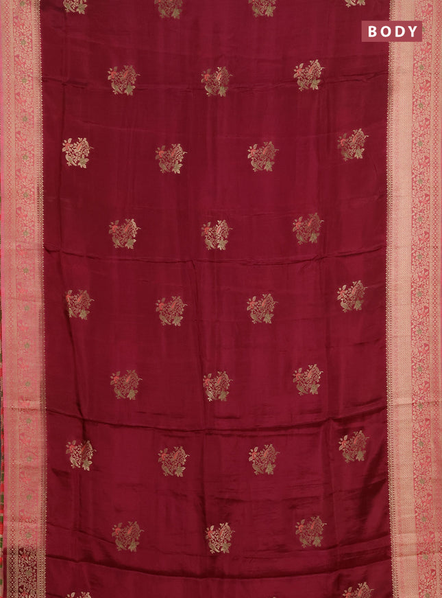 Semi mysore silk saree wine shade and peach pink with zari woven buttas and zari woven border