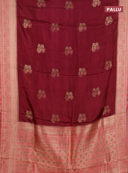 Semi mysore silk saree wine shade and peach pink with zari woven buttas and zari woven border
