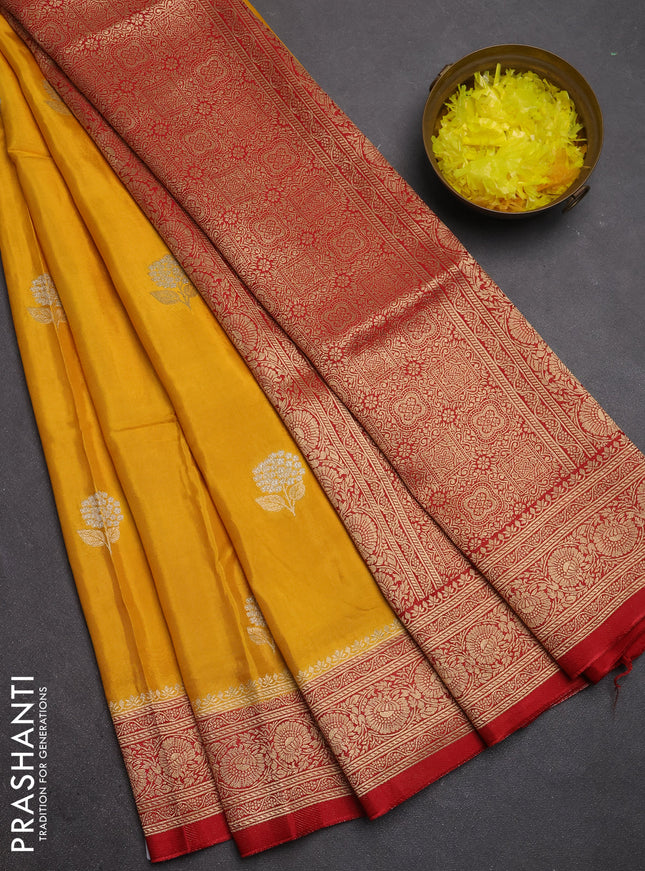 Semi mysore silk saree mustard yellow and maroon with allover floral zari woven buttas and zari woven border