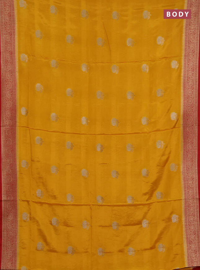 Semi mysore silk saree mustard yellow and maroon with allover floral zari woven buttas and zari woven border