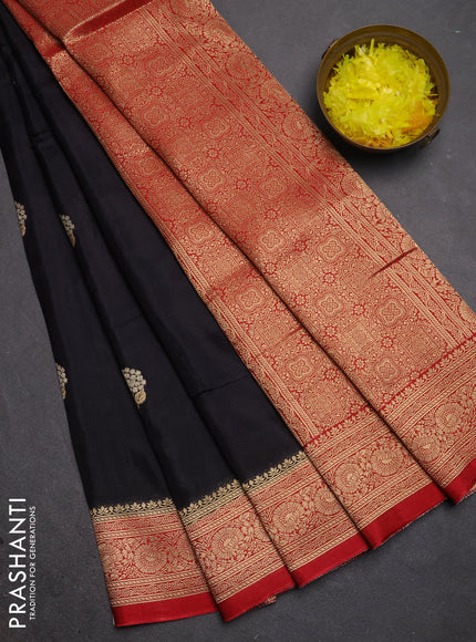 Semi mysore silk saree black and maroon with allover floral zari woven buttas and zari woven border