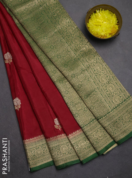 Semi mysore silk saree maroon and green with allover floral zari woven buttas and zari woven border