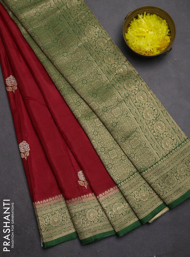 Semi mysore silk saree maroon and green with allover floral zari woven buttas and zari woven border