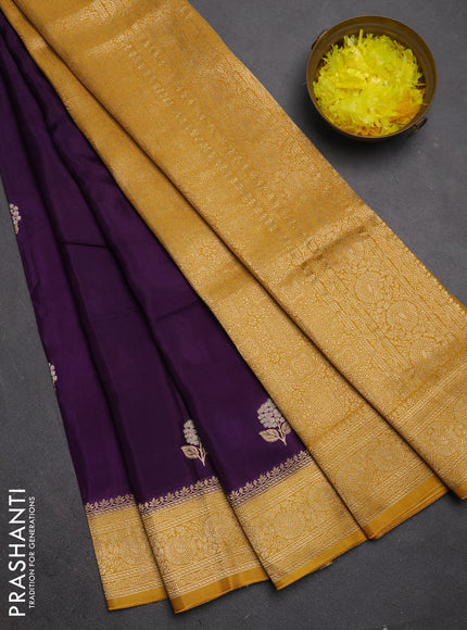 Semi mysore silk saree violet and mustard yellow with allover floral zari woven buttas and zari woven border