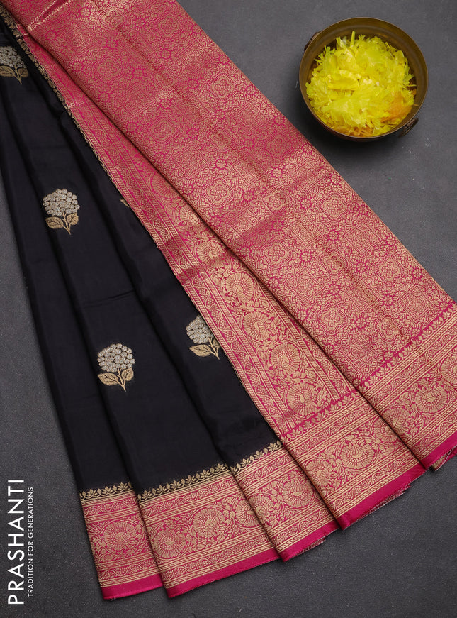 Semi mysore silk saree black and pink with allover floral zari woven buttas and zari woven border