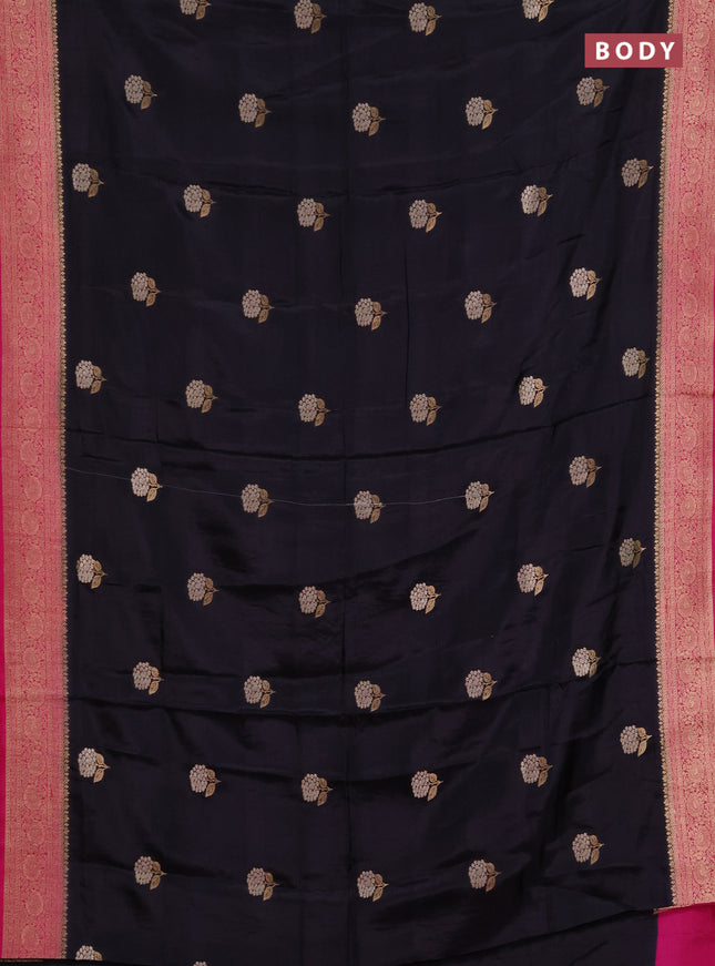 Semi mysore silk saree black and pink with allover floral zari woven buttas and zari woven border