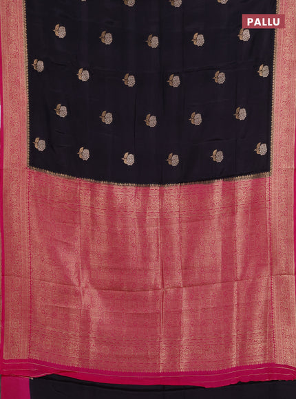 Semi mysore silk saree black and pink with allover floral zari woven buttas and zari woven border