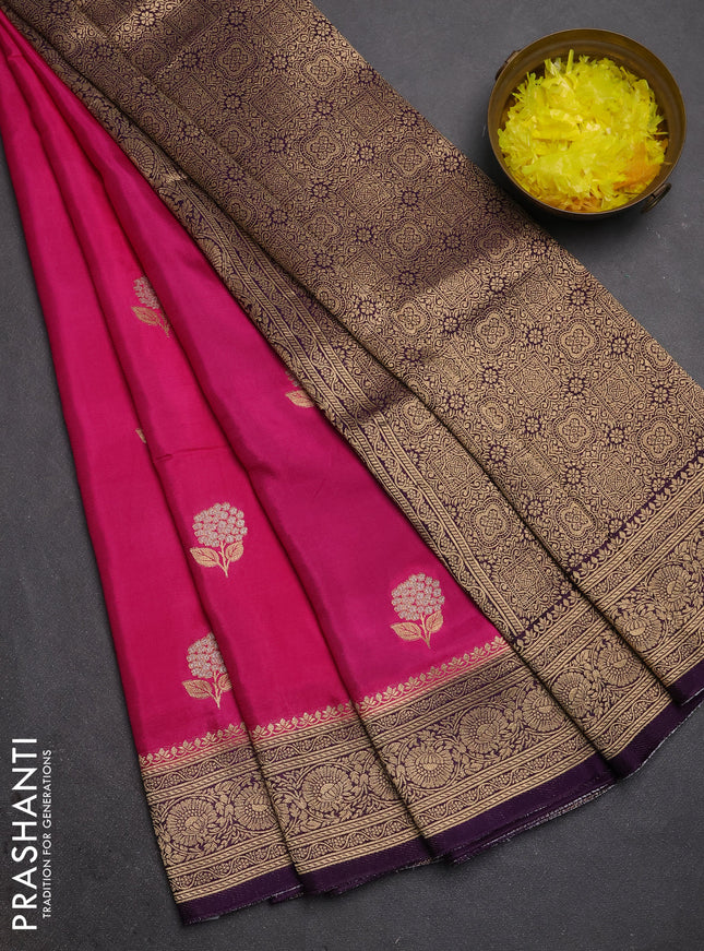 Semi mysore silk saree pink and violet with allover floral zari woven buttas and zari woven border