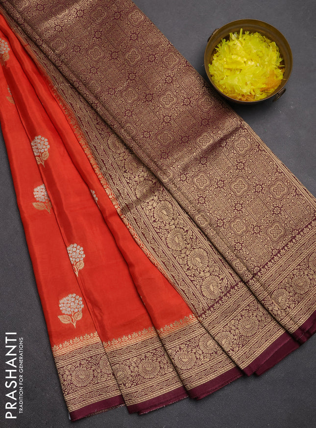 Semi mysore silk saree rust orange and deep wine with allover floral zari woven buttas and zari woven border