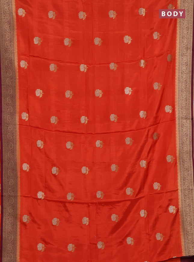Semi mysore silk saree rust orange and deep wine with allover floral zari woven buttas and zari woven border