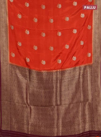 Semi mysore silk saree rust orange and deep wine with allover floral zari woven buttas and zari woven border