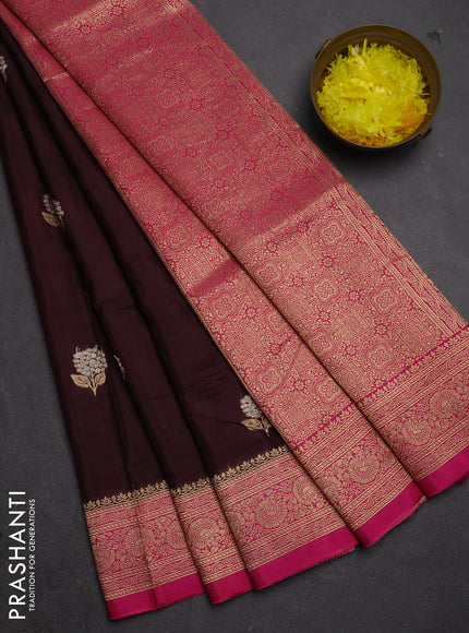 Semi mysore silk saree coffee brown and pink with allover floral zari woven buttas and zari woven border