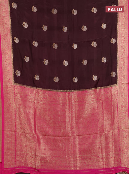 Semi mysore silk saree coffee brown and pink with allover floral zari woven buttas and zari woven border