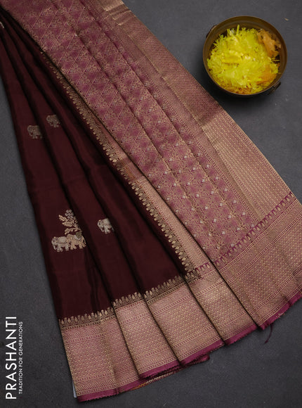 Semi mysore silk saree coffee brown and wine shade with allover zari woven buttas and zari woven border