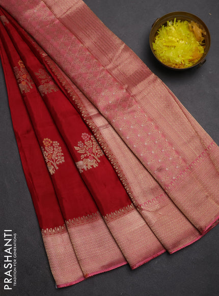 Semi mysore silk saree maroon and peach pink with allover zari woven buttas and zari woven border