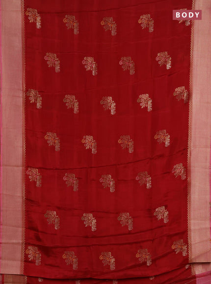 Semi mysore silk saree maroon and peach pink with allover zari woven buttas and zari woven border