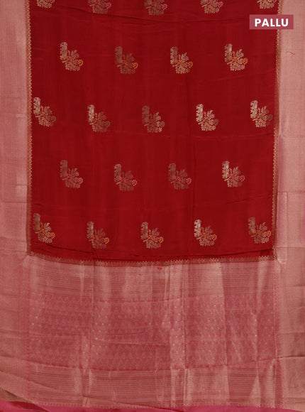 Semi mysore silk saree maroon and peach pink with allover zari woven buttas and zari woven border