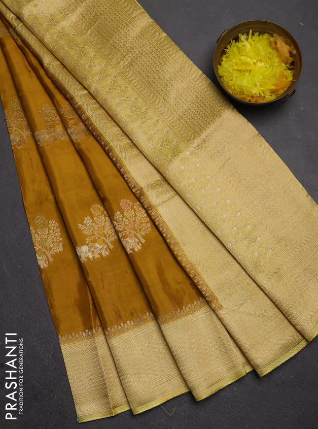 Semi mysore silk saree mustard yellow and pale yellow with allover zari woven buttas and zari woven border