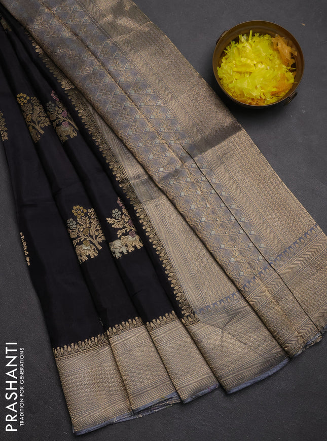 Semi mysore silk saree black and grey with allover zari woven buttas and zari woven border