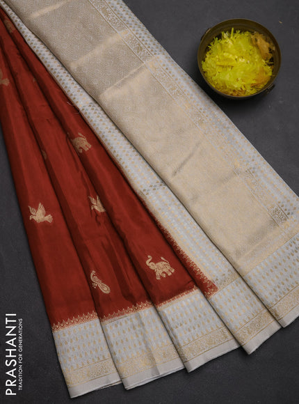 Semi mysore silk saree maroon and cream with allover zari woven buttas and zari woven border