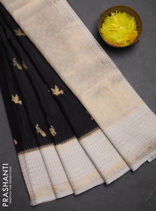 Semi mysore silk saree black and cream with allover zari woven buttas and zari woven border