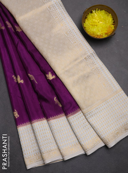 Semi mysore silk saree purple and cream with allover zari woven buttas and zari woven border