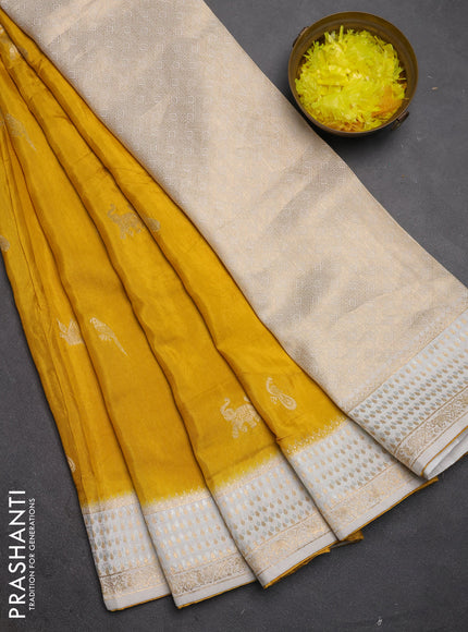 Semi mysore silk saree mustard yellow and cream with allover zari woven buttas and zari woven border