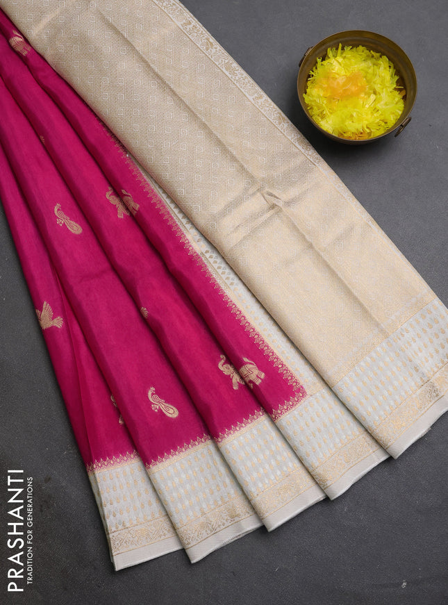 Semi mysore silk saree pink and cream with allover zari woven buttas and zari woven border
