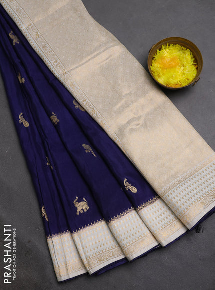 Semi mysore silk saree navy blue and cream with allover zari woven buttas and zari woven border