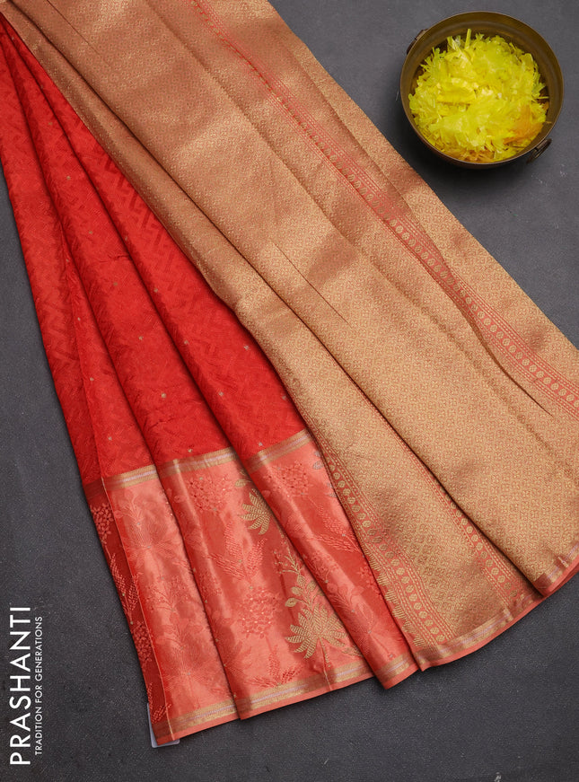 Semi mysore silk saree red and orange with allover self emboss & zari woven buttas and long zari woven border