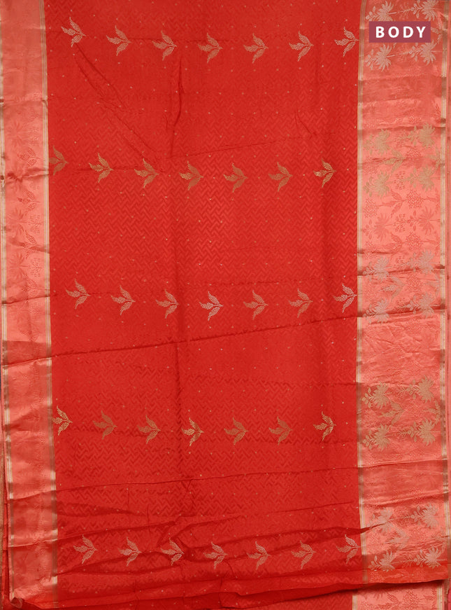 Semi mysore silk saree red and orange with allover self emboss & zari woven buttas and long zari woven border