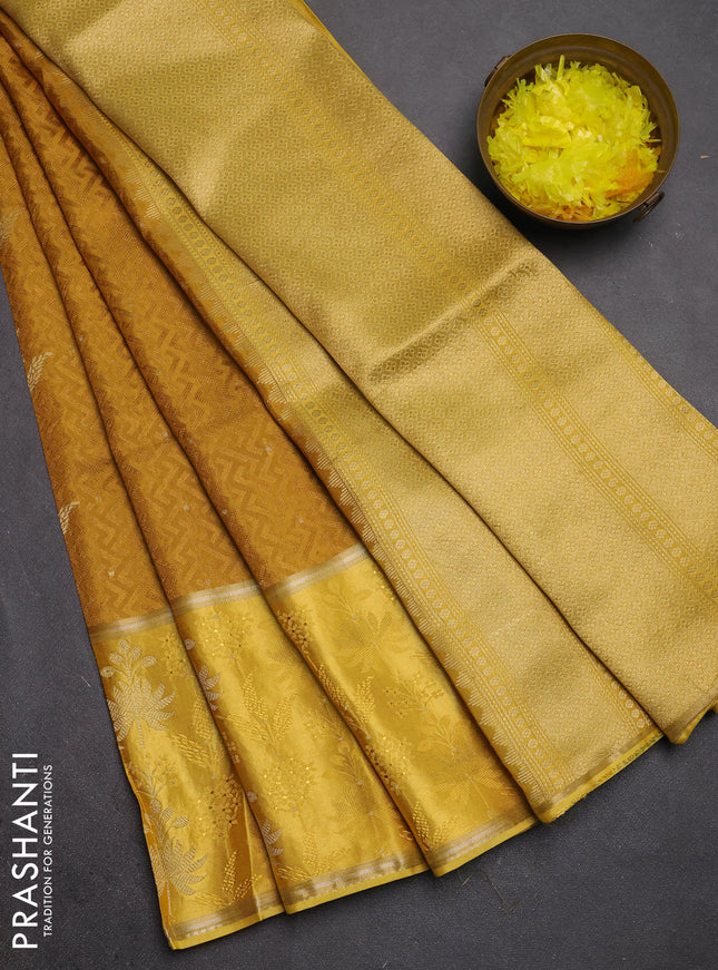 Semi mysore silk saree mustard yellow and yellow with allover self emboss & zari woven buttas and long zari woven border