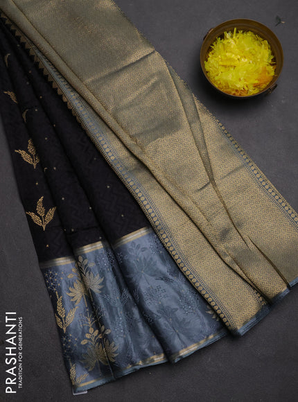 Semi mysore silk saree black and grey with allover self emboss & zari woven buttas and long zari woven border
