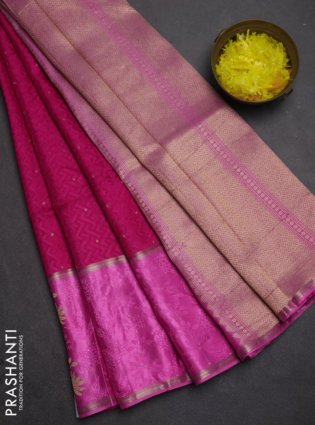 Semi mysore silk saree pink and candy pink with allover self emboss & zari woven buttas and long zari woven border