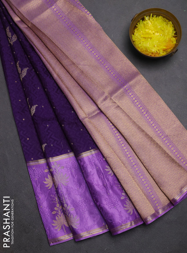 Semi mysore silk saree violet and lavender with allover self emboss & zari woven buttas and long zari woven border