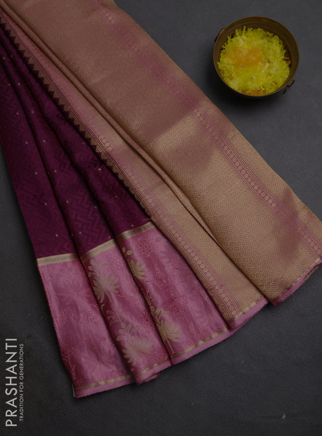 Semi mysore silk saree wine shade and peach pink with allover self emboss & zari woven buttas and long zari woven border
