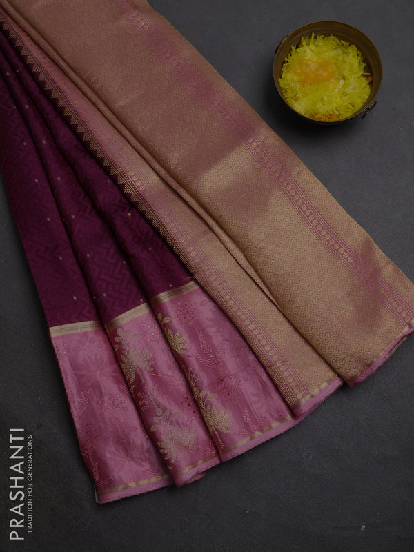 Semi mysore silk saree wine shade and peach pink with allover self emboss & zari woven buttas and long zari woven border