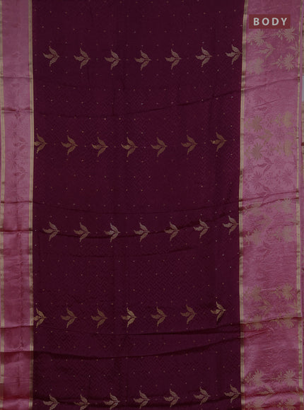 Semi mysore silk saree wine shade and peach pink with allover self emboss & zari woven buttas and long zari woven border