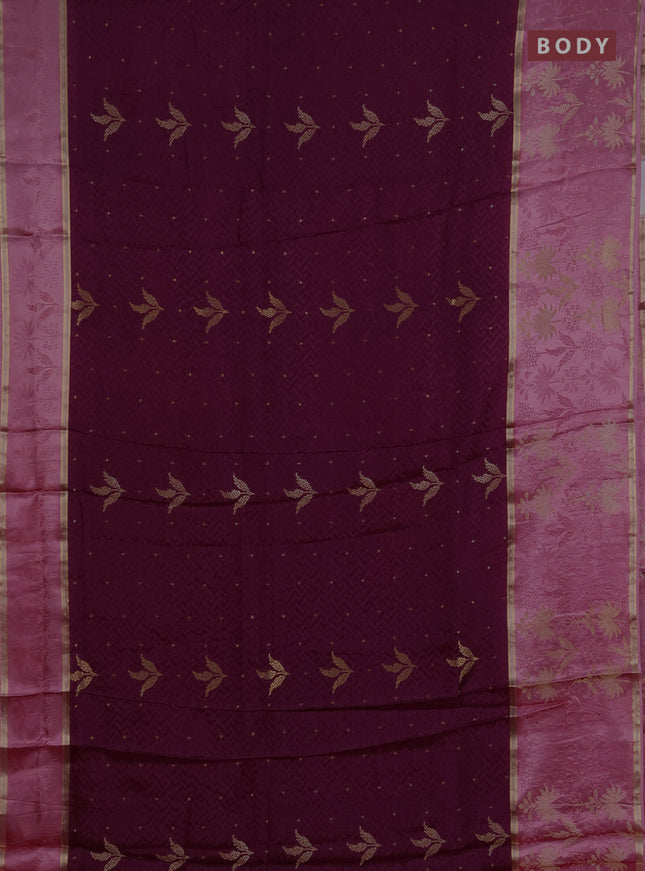 Semi mysore silk saree wine shade and peach pink with allover self emboss & zari woven buttas and long zari woven border