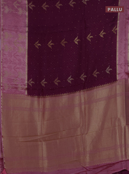 Semi mysore silk saree wine shade and peach pink with allover self emboss & zari woven buttas and long zari woven border