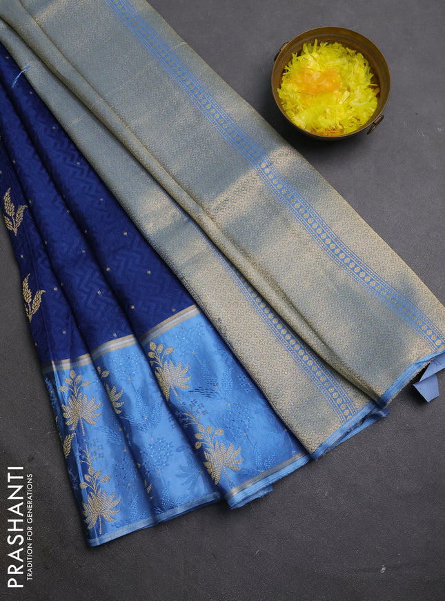 Semi mysore silk saree peacock blue and teal blue with allover self emboss & zari woven buttas and long zari woven border
