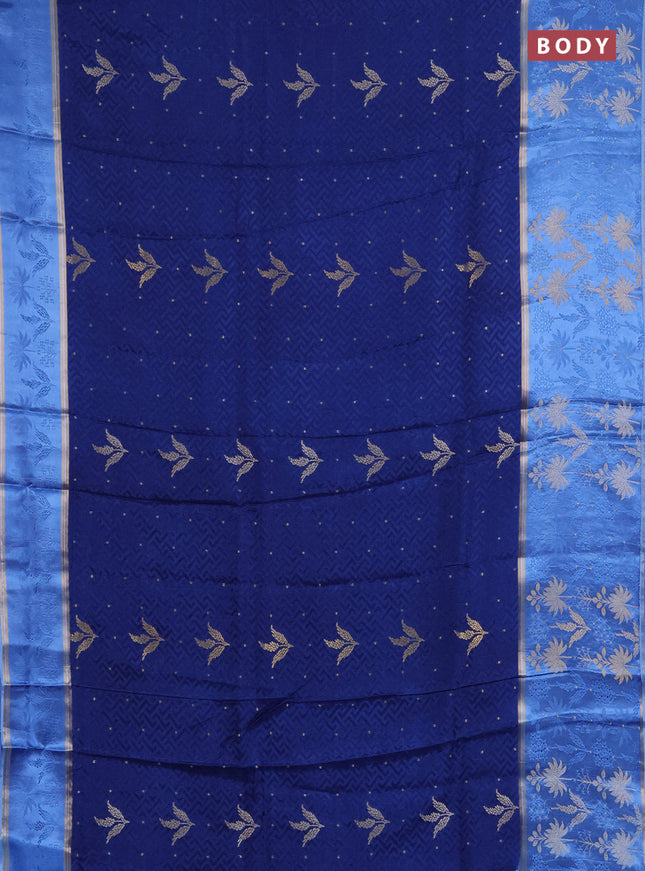 Semi mysore silk saree peacock blue and teal blue with allover self emboss & zari woven buttas and long zari woven border
