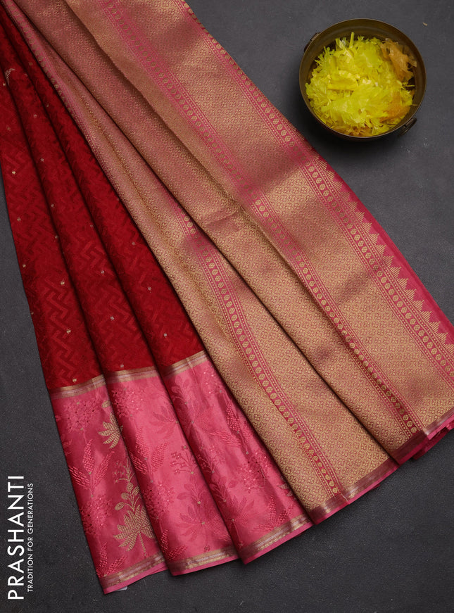 Semi mysore silk saree maroon and peach pink with allover self emboss & zari woven buttas and long zari woven border