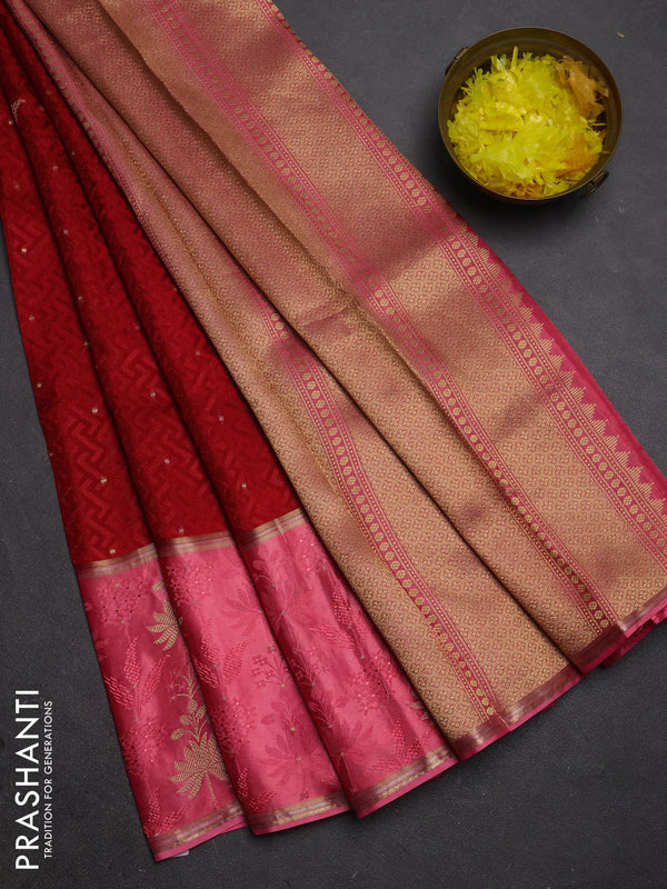 Semi mysore silk saree maroon and peach pink with allover self emboss & zari woven buttas and long zari woven border