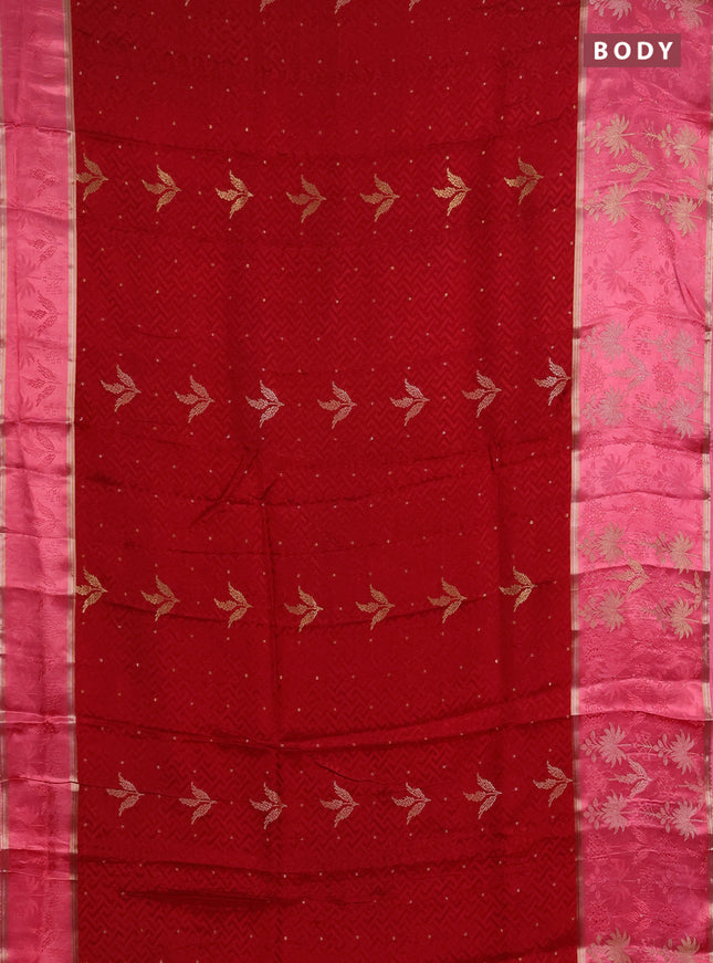 Semi mysore silk saree maroon and peach pink with allover self emboss & zari woven buttas and long zari woven border