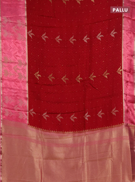Semi mysore silk saree maroon and peach pink with allover self emboss & zari woven buttas and long zari woven border