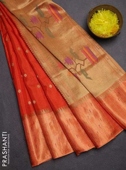Semi mysore silk saree orange and allover zari woven buttas and zari checks muniya butta border