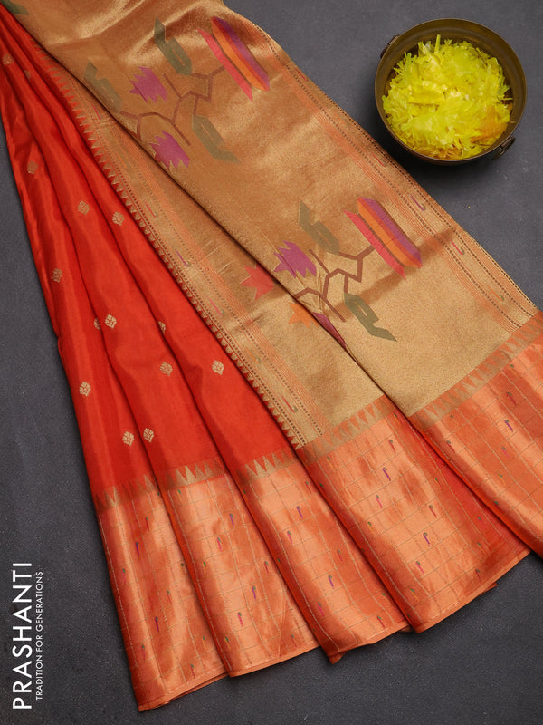 Semi mysore silk saree orange and allover zari woven buttas and zari checks muniya butta border